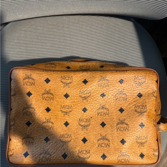 MCM Visetos Authentic Cosmetic Bag Monogram Logo Brown Clutch Bag Travel Pouch - Picture 4 of 10